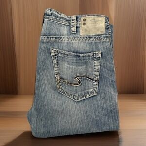 Silver Jeans Co Mens 35X34 Blue Grayson Stretch Denim Whiskers Honeycomb Faded